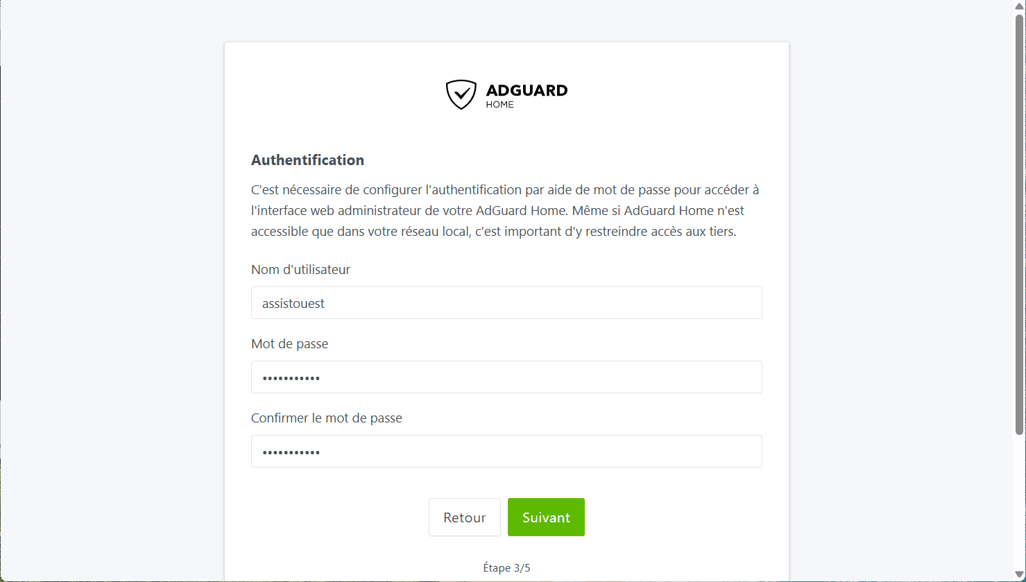 configuration initiale adguard home linux authentification