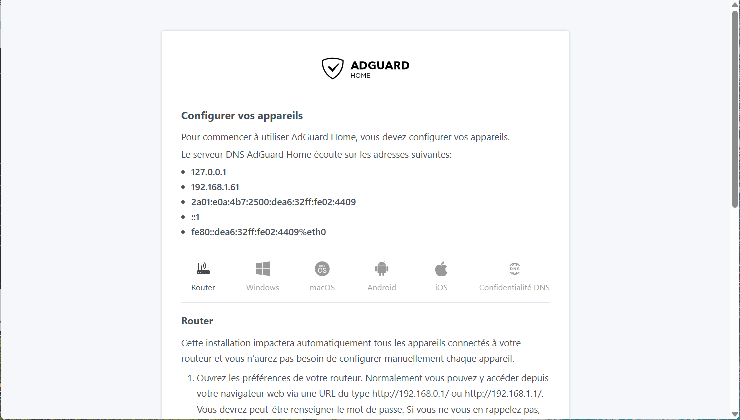 configuration de vos appareils adguard home routeur