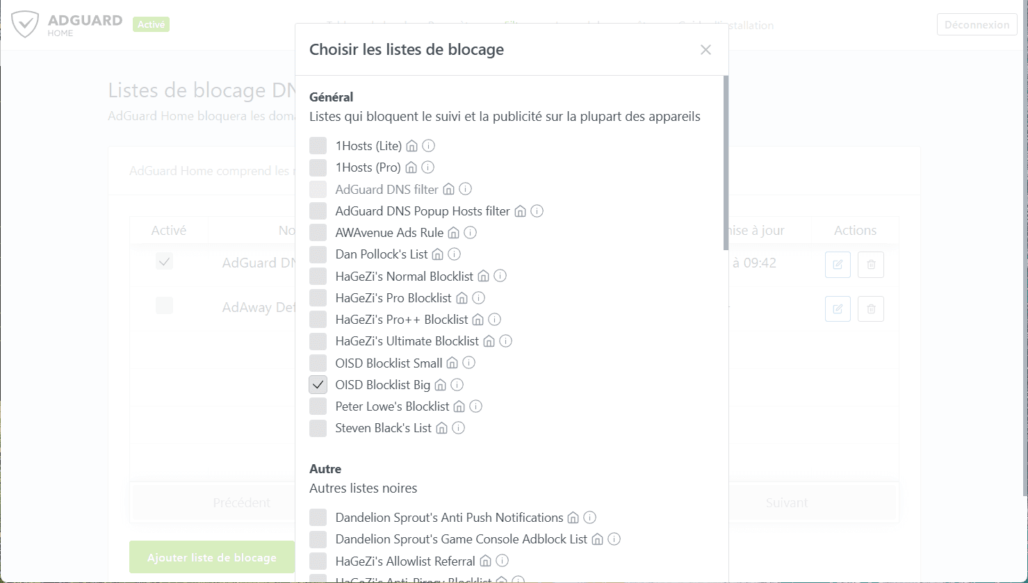 Ajouter une liste de blocage DNS AdGuard Home