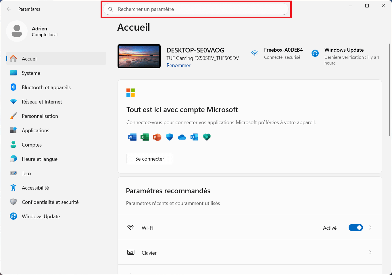 new search bar in the Windows 11 Settings app