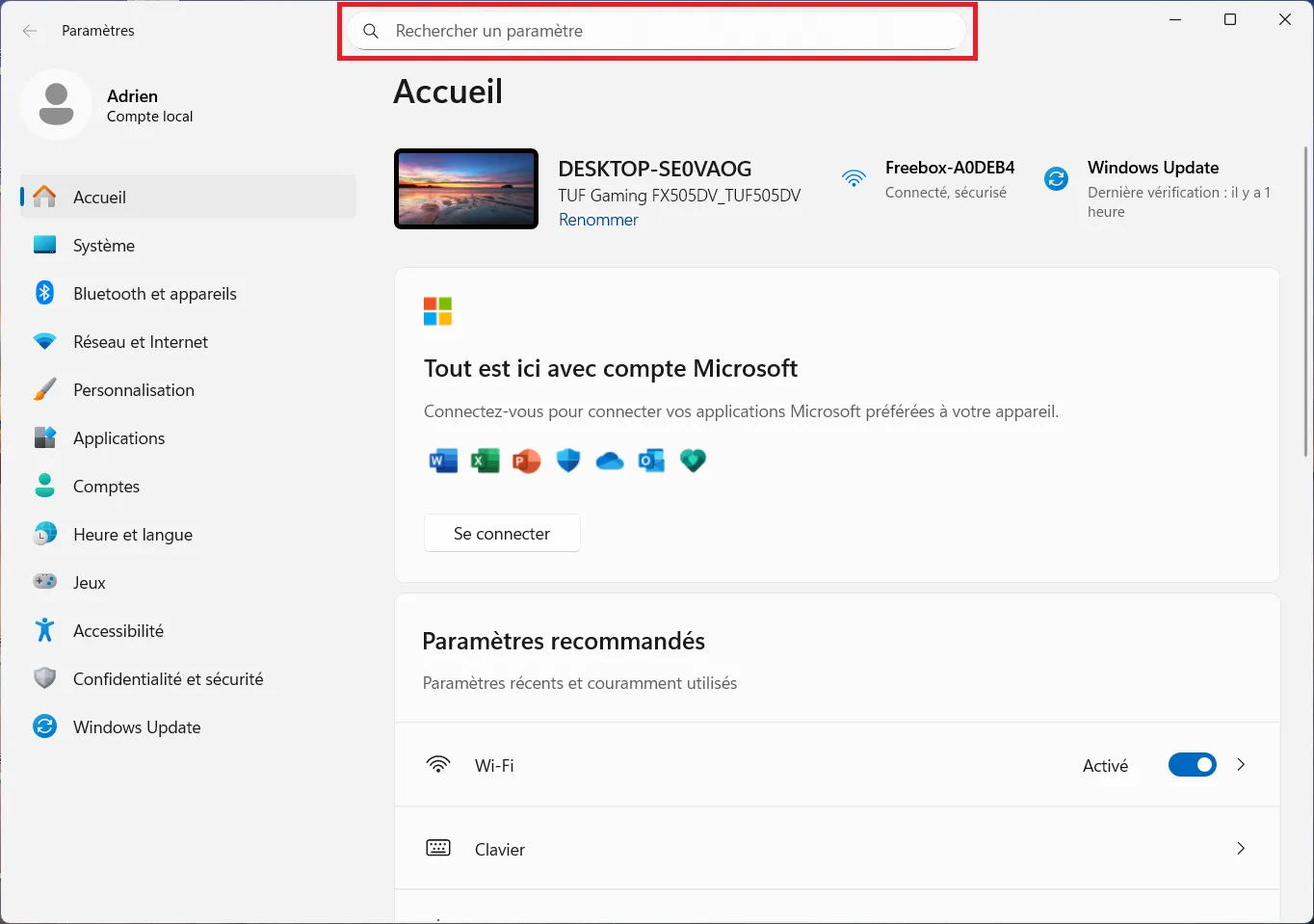 nouvelle barre de recherche dans l’application Paramètres Windows 11