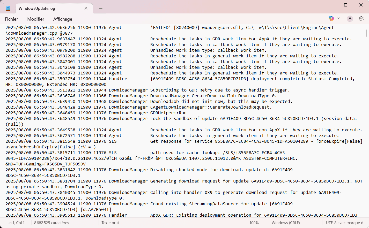 Le fichier .log de Windows Update sur le bureau