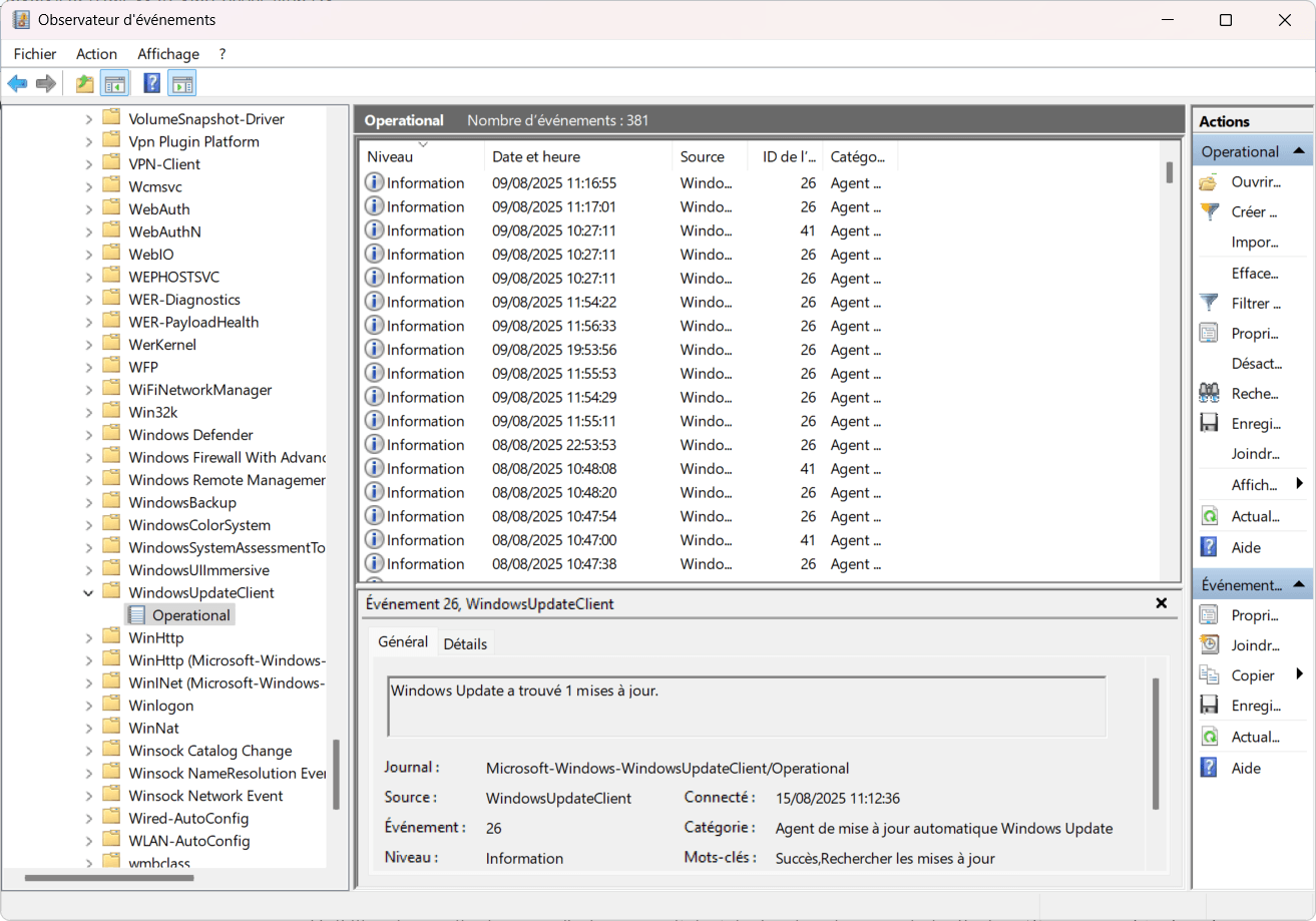 observateur évènement pour logs windows upadte