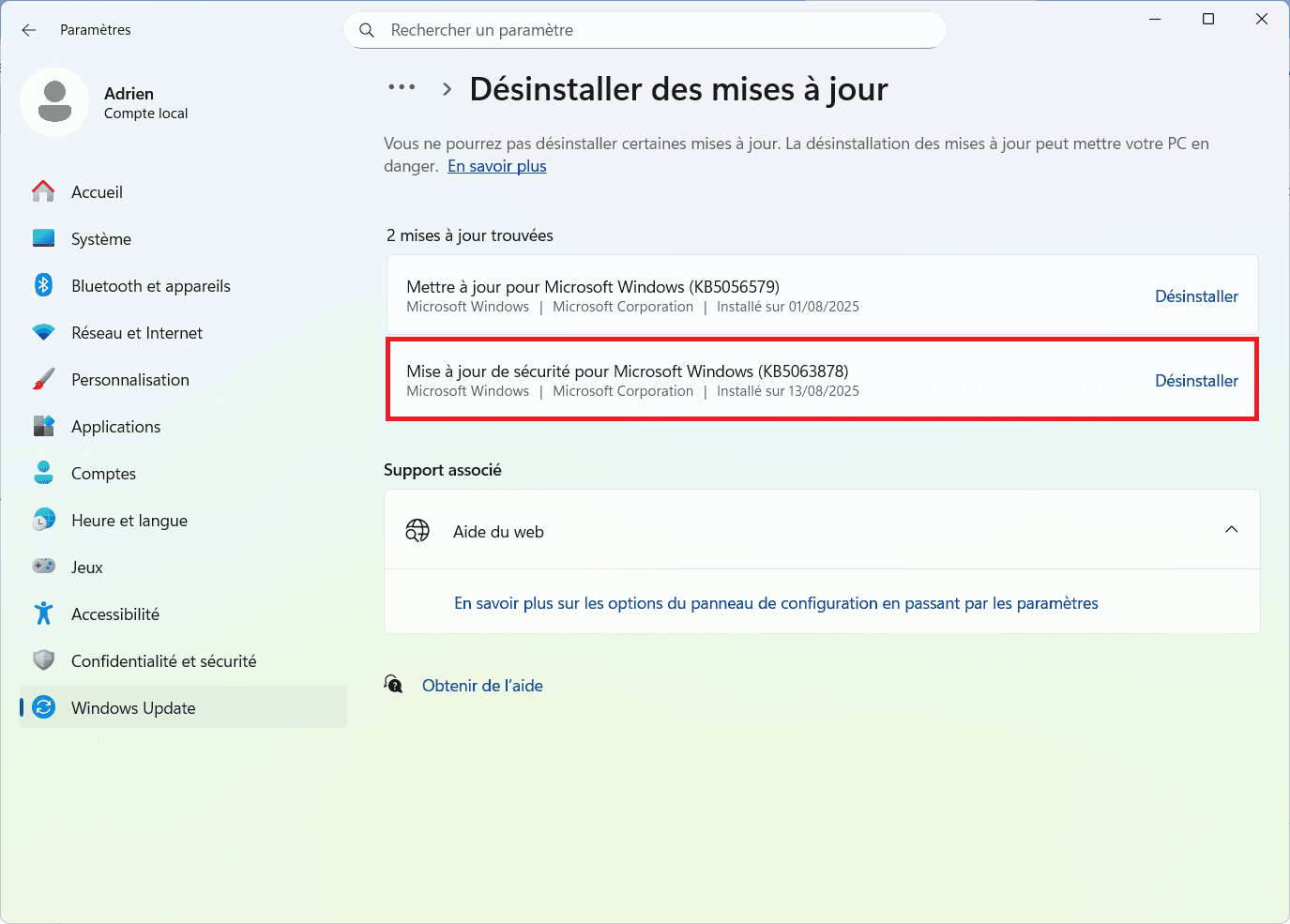 Désinstaller temporairement la mise à jour KB5063878