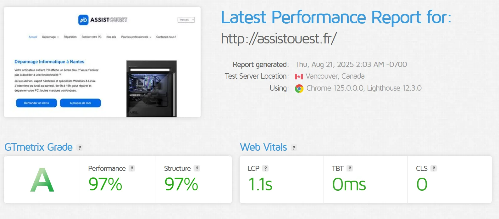 mesurer la vitesse de votre site web avec GTmetrix