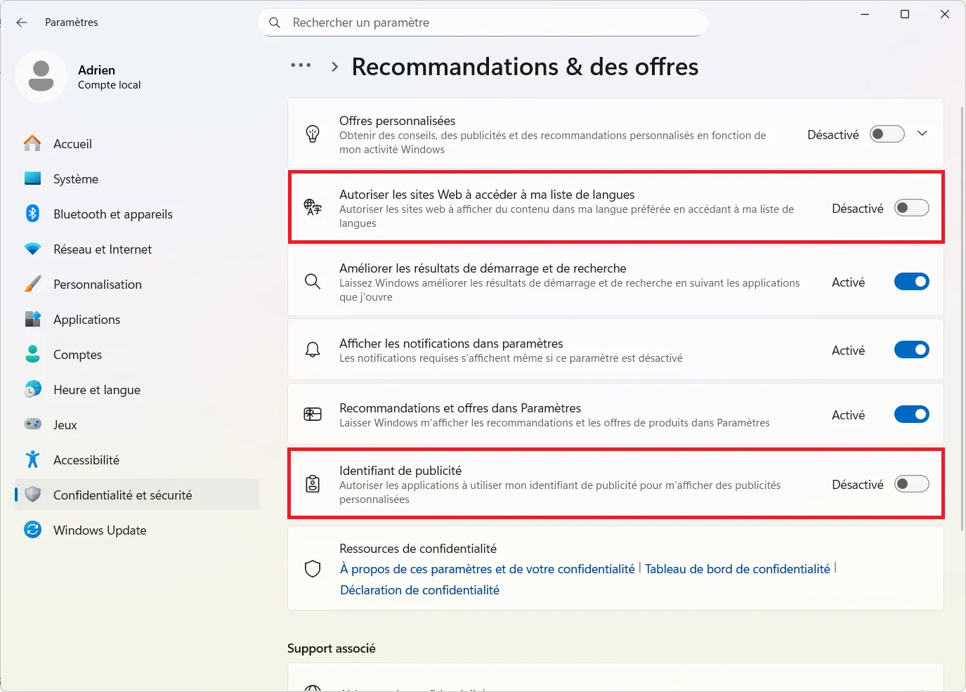 Désactiver l’ID publicitaire et le partage de langues
