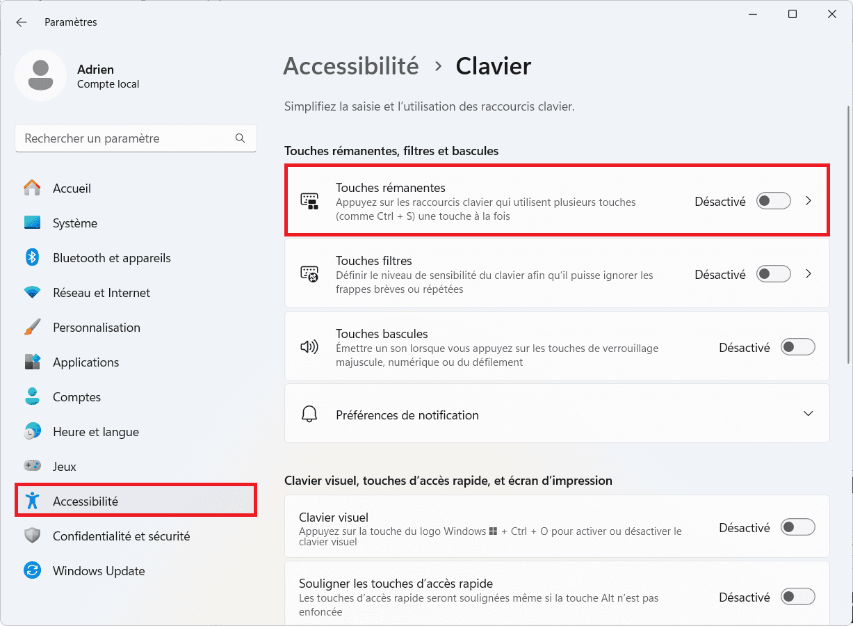 paramètres pour désactiver les touches rémanentes du clavier sur Windows 11