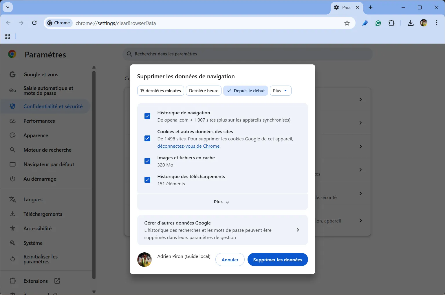 supprimer cache navigateur et cookies sur Google chrome