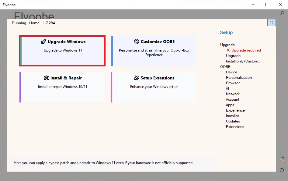 Écran principal Flyoobe pour mettre à jour un PC non compatible avec windows 11