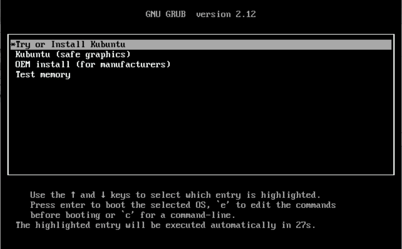 ’écran d’accueil d’Kubuntu (GRUB)