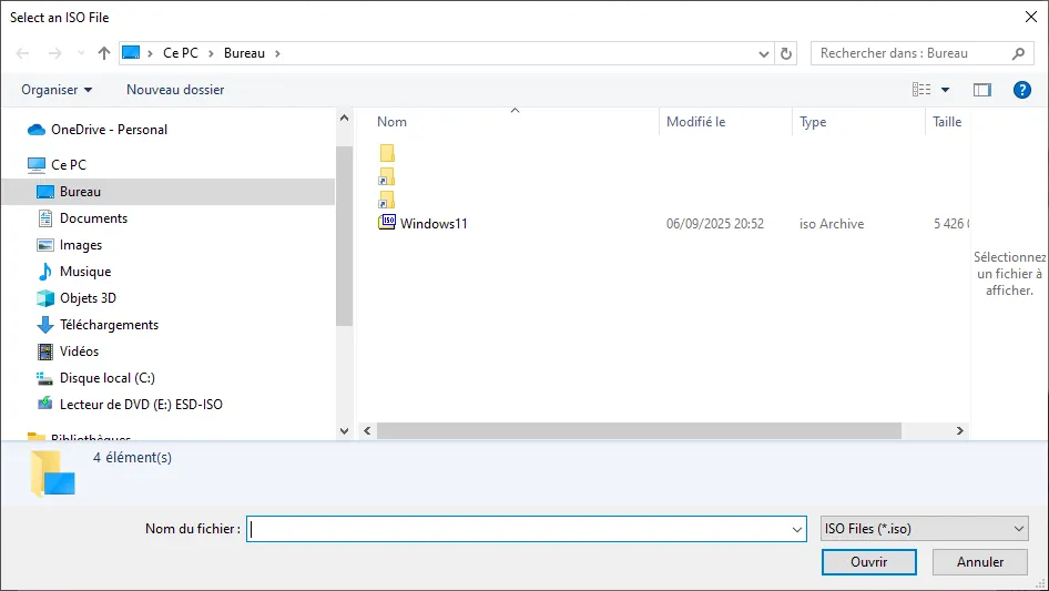 Sélection ISO Windows 11 local depuis Bureau avec Flyoobe