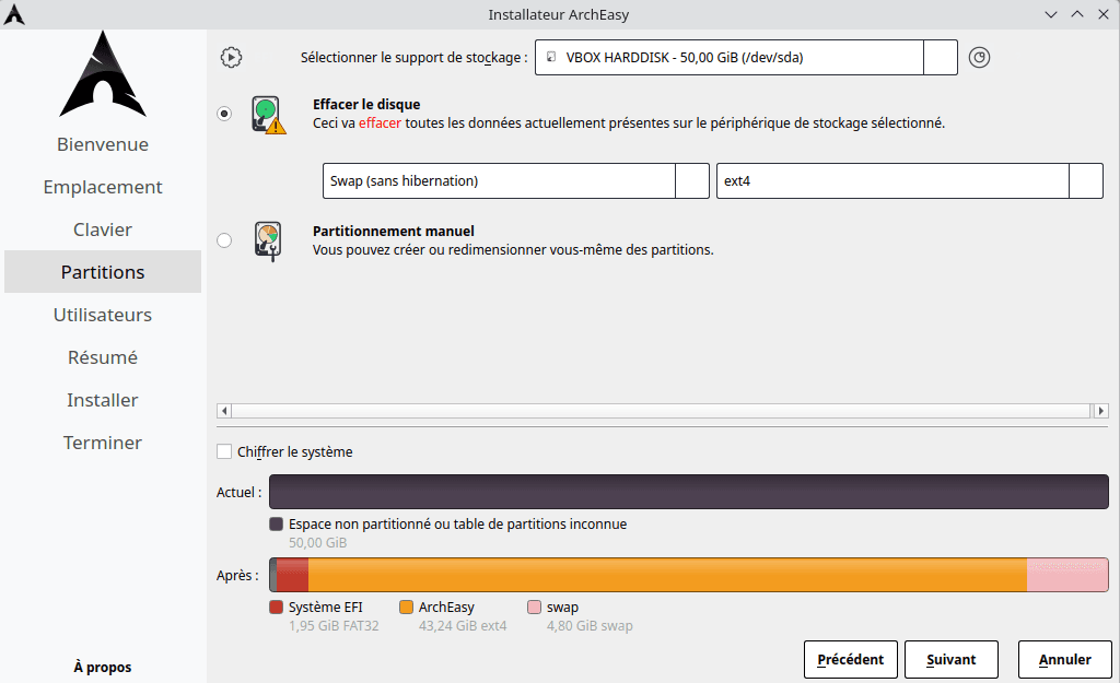 Choisir le type de partitionnement ArchEasy