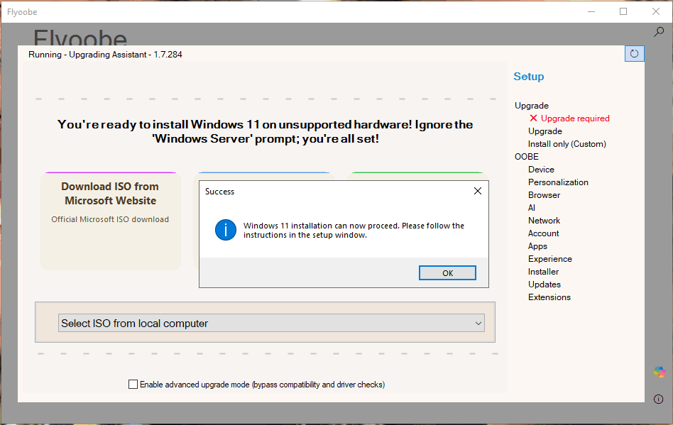 Flyoobe ISO Windows 11 détecté prêt à installer