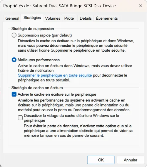 activer le cache en écriture sur le périphérique USB