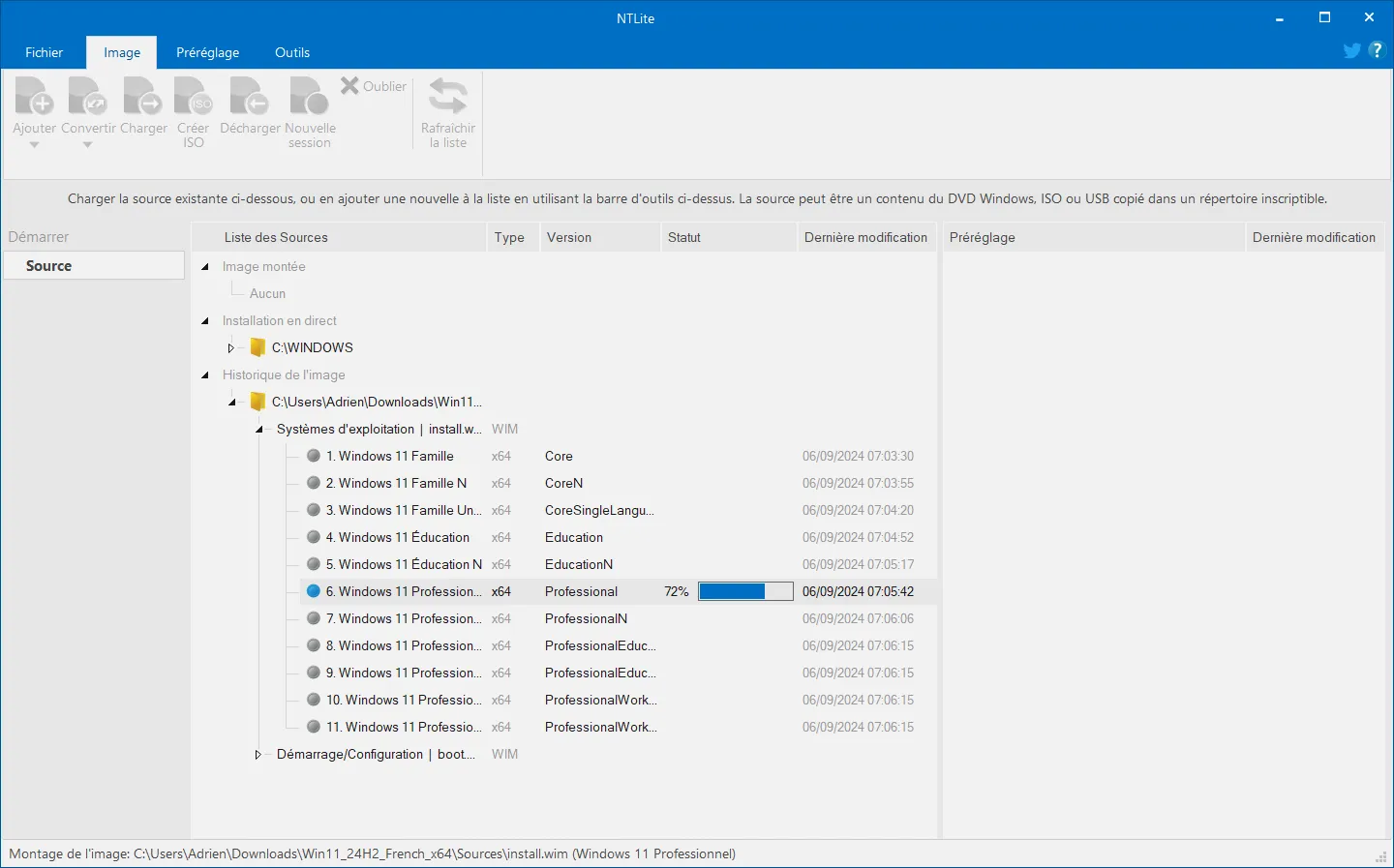 NTLite analyse le fichier install.wim de Windows