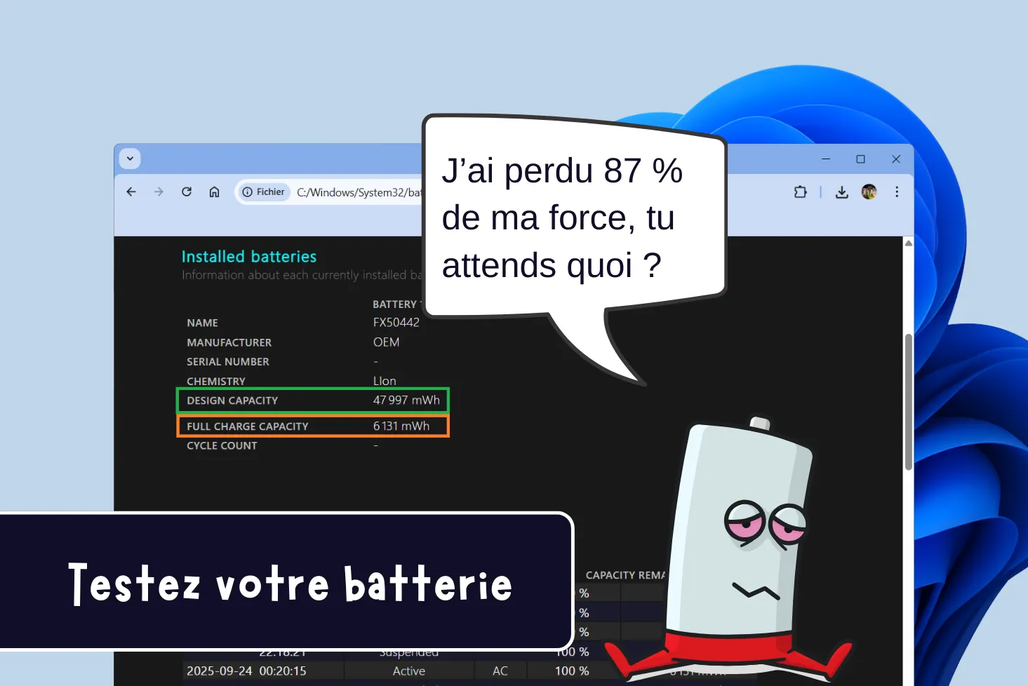 Comment tester l’état de la batterie d’un PC portable sous Windows ?