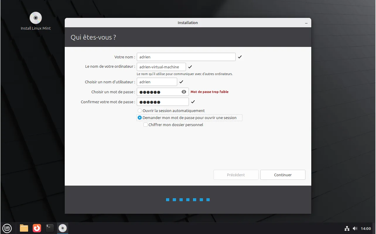 Créer votre futur compte utilisateur linux mint