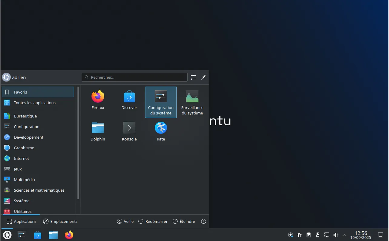 Le bureau et le menu des applications de Kubuntu