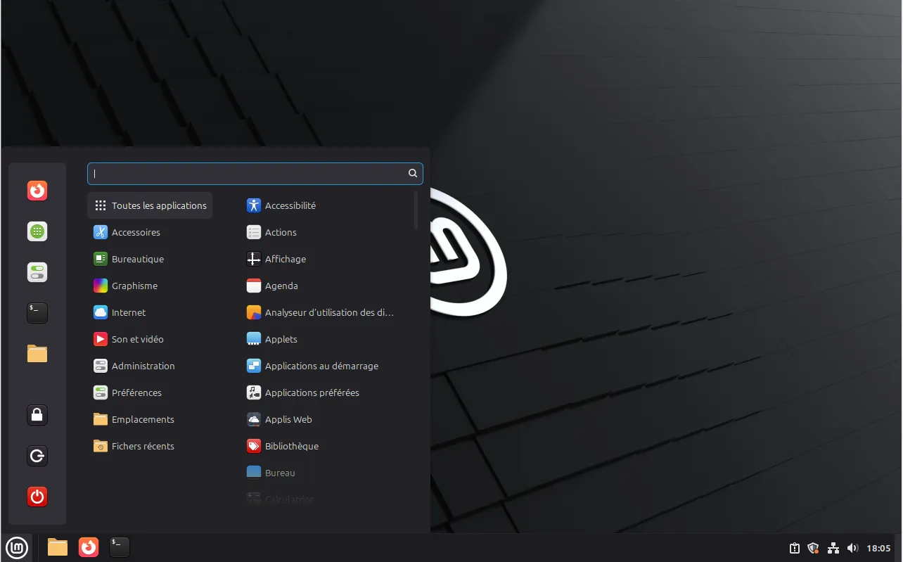Le bureau et le menu des applications de Linux Mint avec Cinnamon