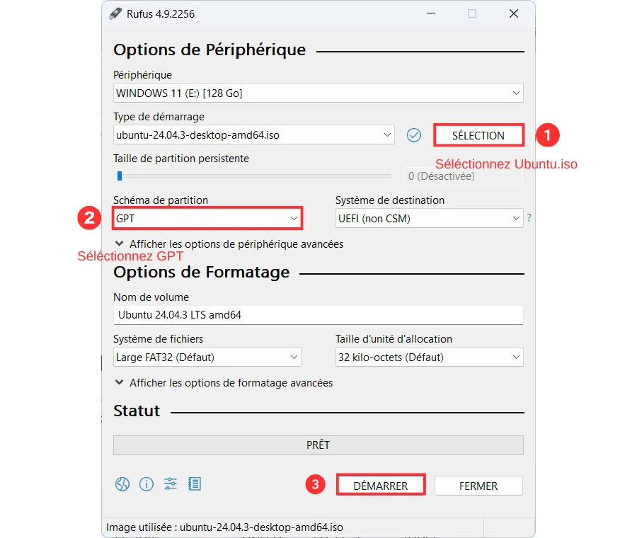 Préparer la clé USB pour démarrer sur le programme d'installation