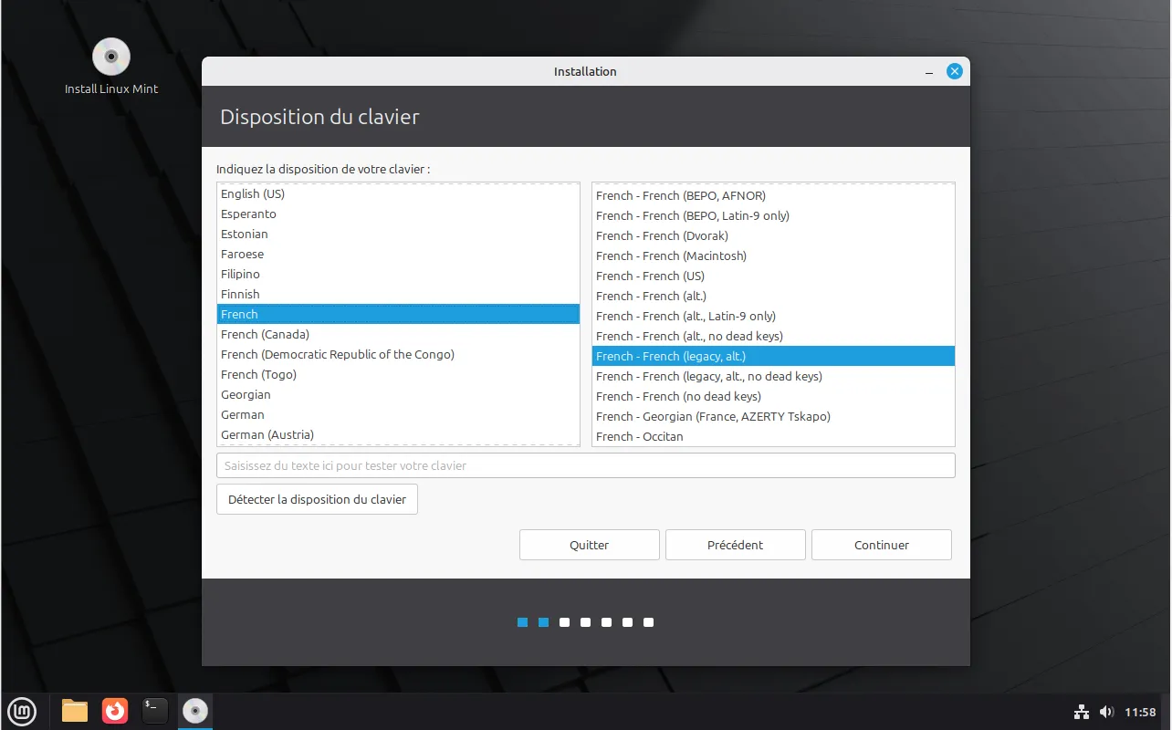 Sélectionner la disposition du clavier linux mint