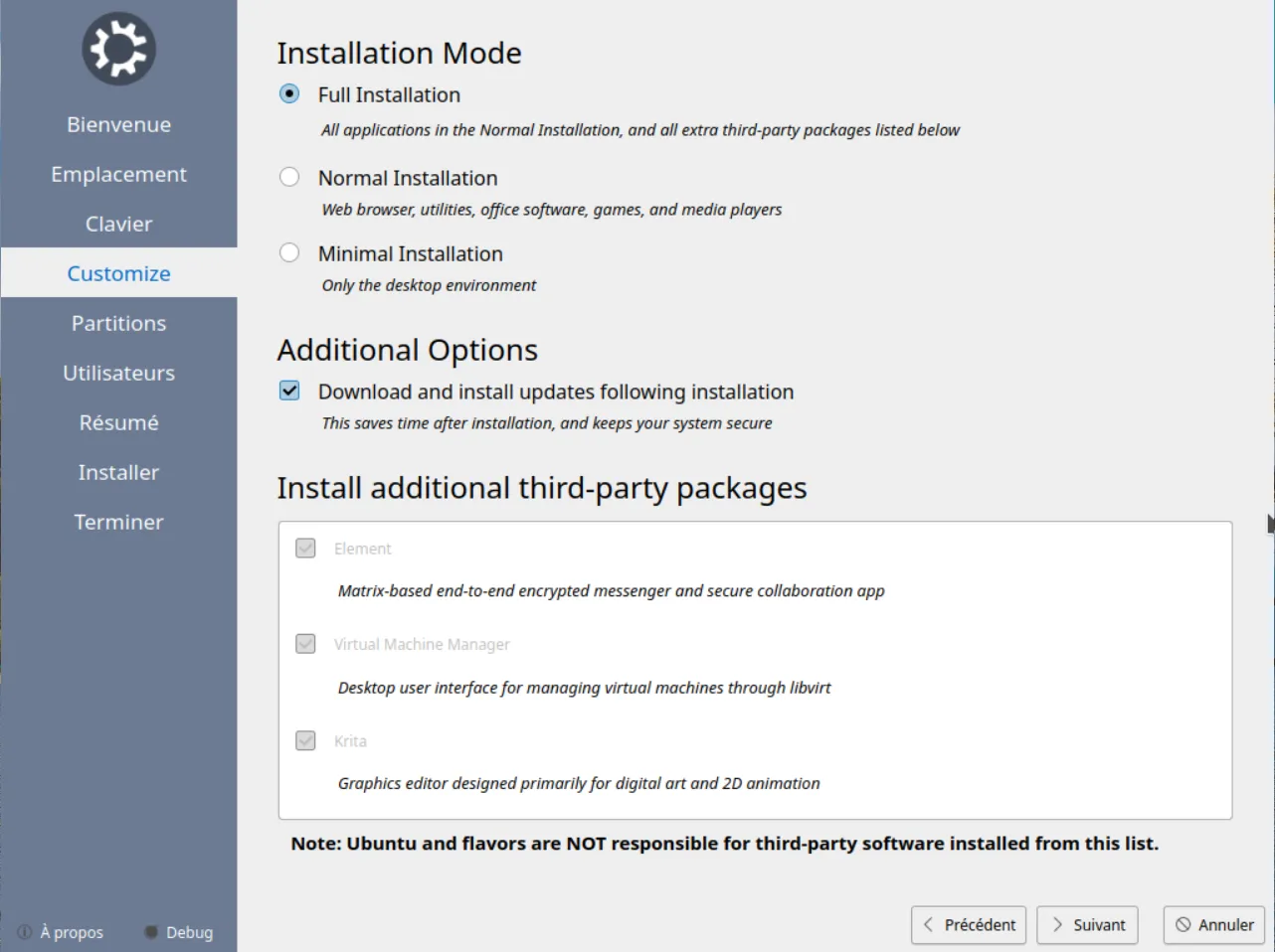 mode installation normal minimal Kubuntu