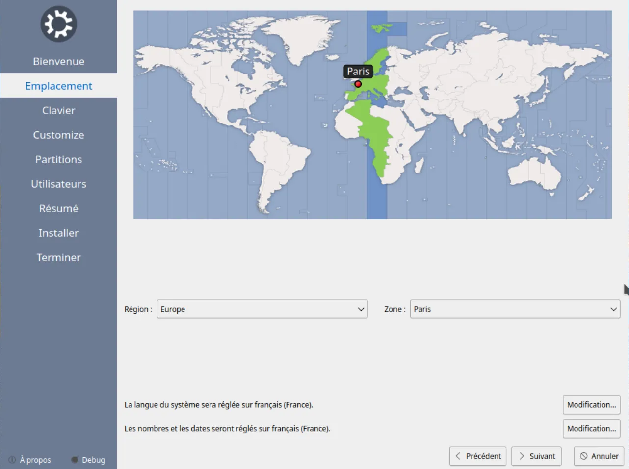 modifier emplacement géographique installation Kubuntu