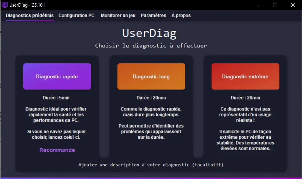 userdiag interface du logiciel portable pour faire une analyse rapide