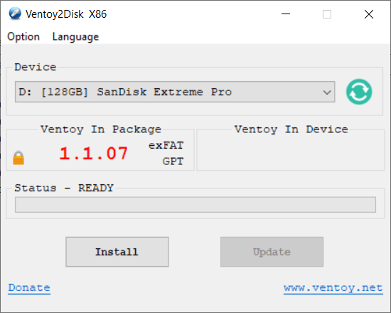 ventoy2disk installation sur clé USB SanDisk Pro SSD