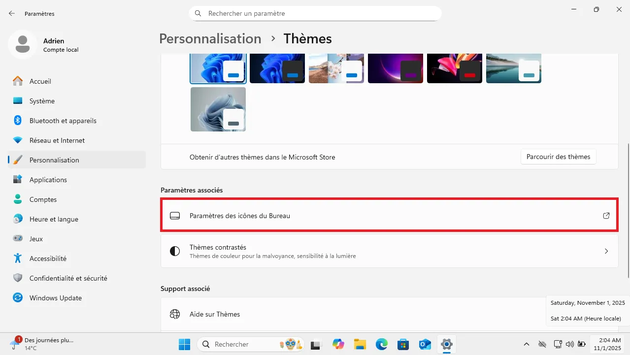 Accès aux paramètres permettant d’afficher les icônes système sur le Bureau Windows