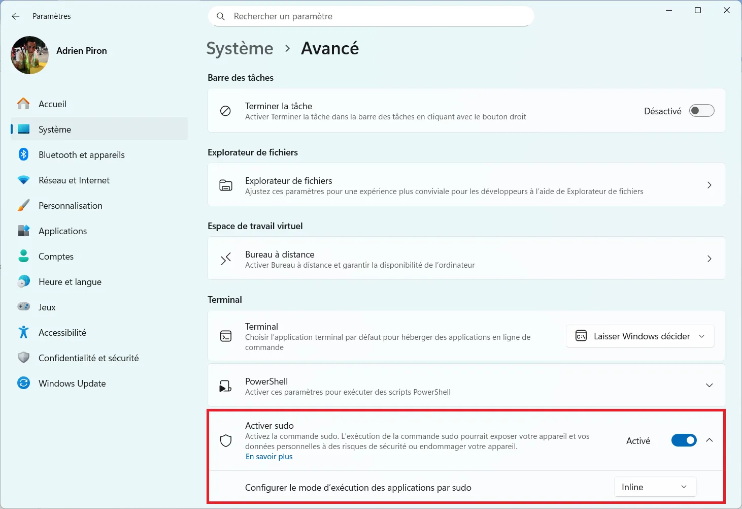 Activation de la commande sudo dans les paramètres système avancés de Windows 11