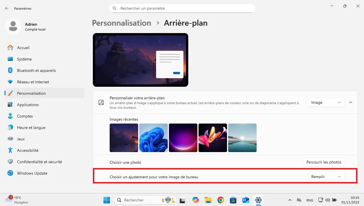 Ajuster l’affichage du fond d’écran sous Windows 11