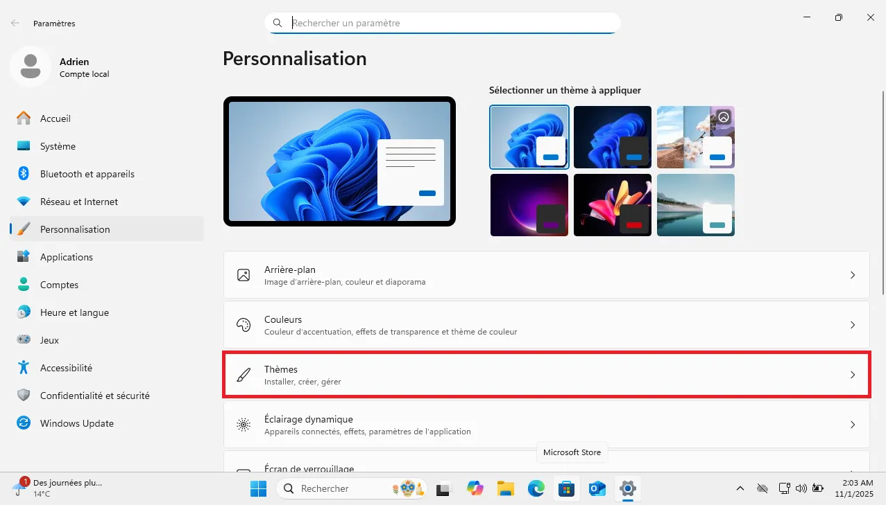 Capture d’écran des paramètres de personnalisation de Windows 11, section Thèmes