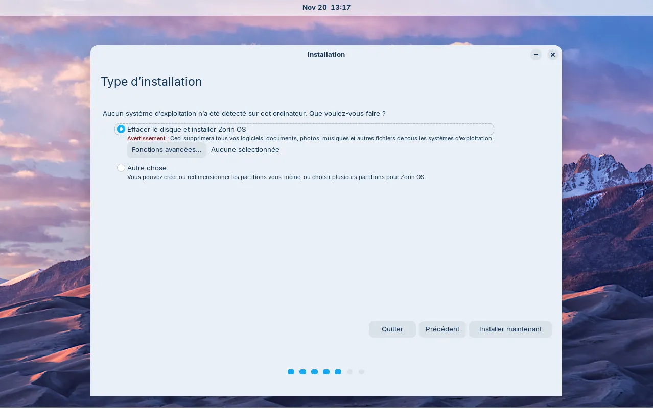Choisir le type d’installation pour formater votre disque dur et installer Zorin OS