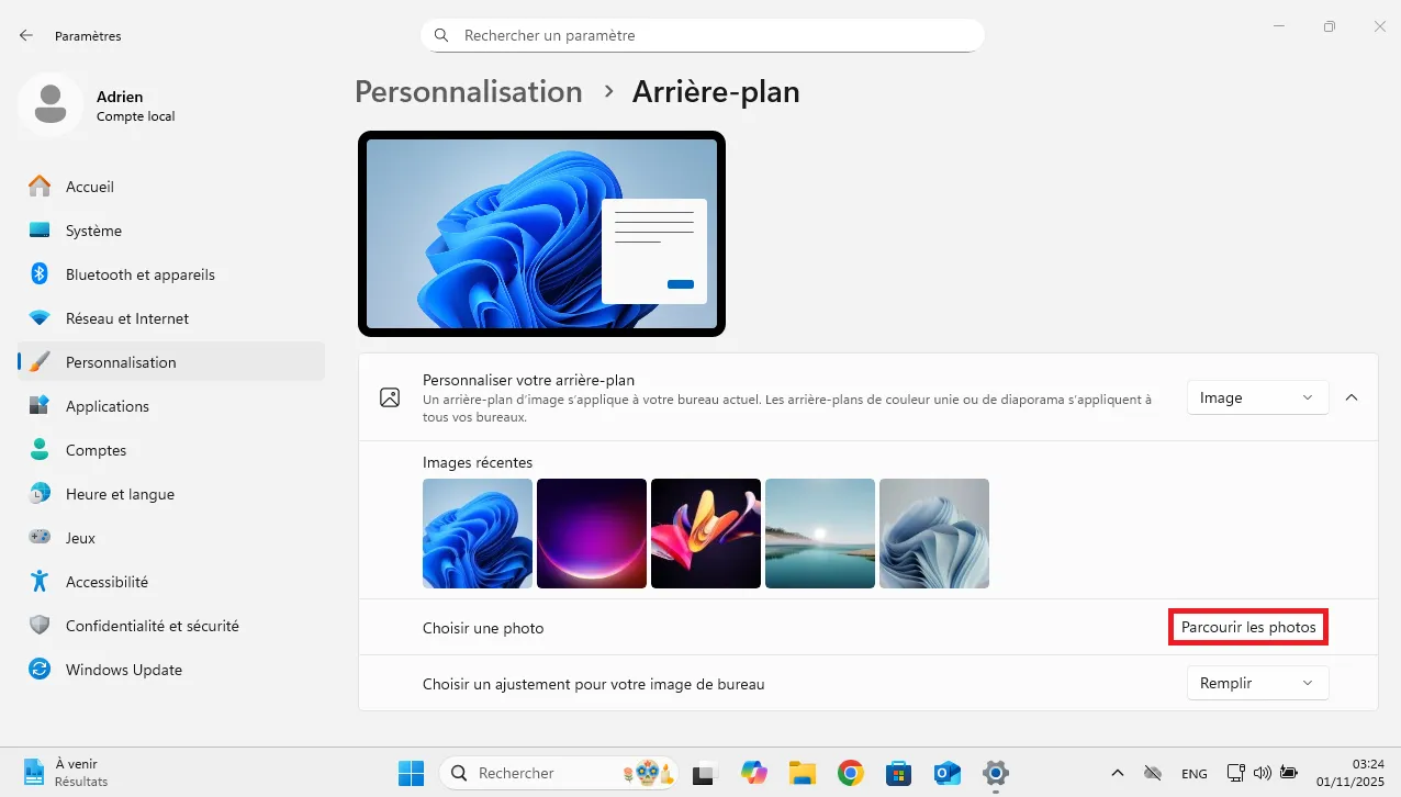 Choisir une image comme fond d’écran dans les paramètres de Windows 11