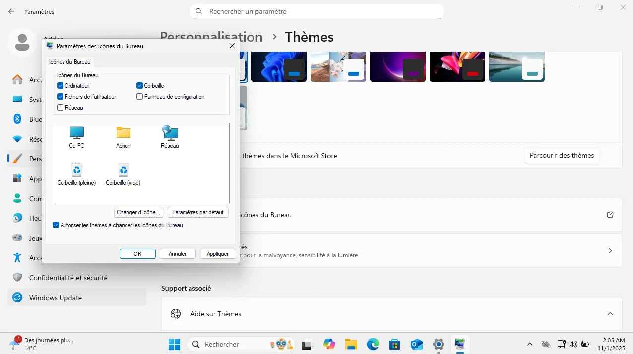 Configuration des icônes système du Bureau Windows