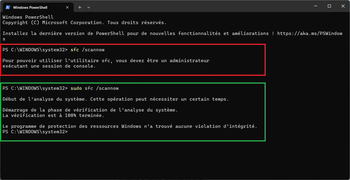Démonstration du fonctionnement de sudo sous Windows avec la commande sfc