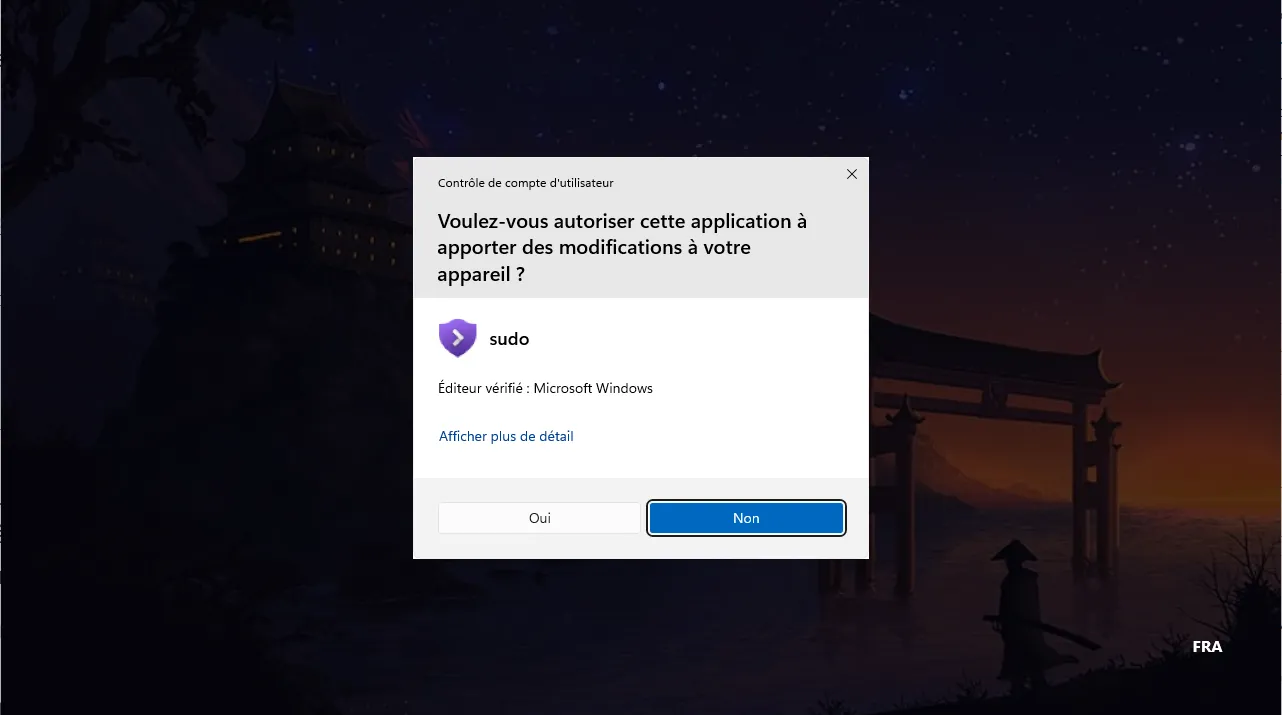 Fenêtre de contrôle UAC demandant l’autorisation d’exécuter la commande sudo sous Windows 11
