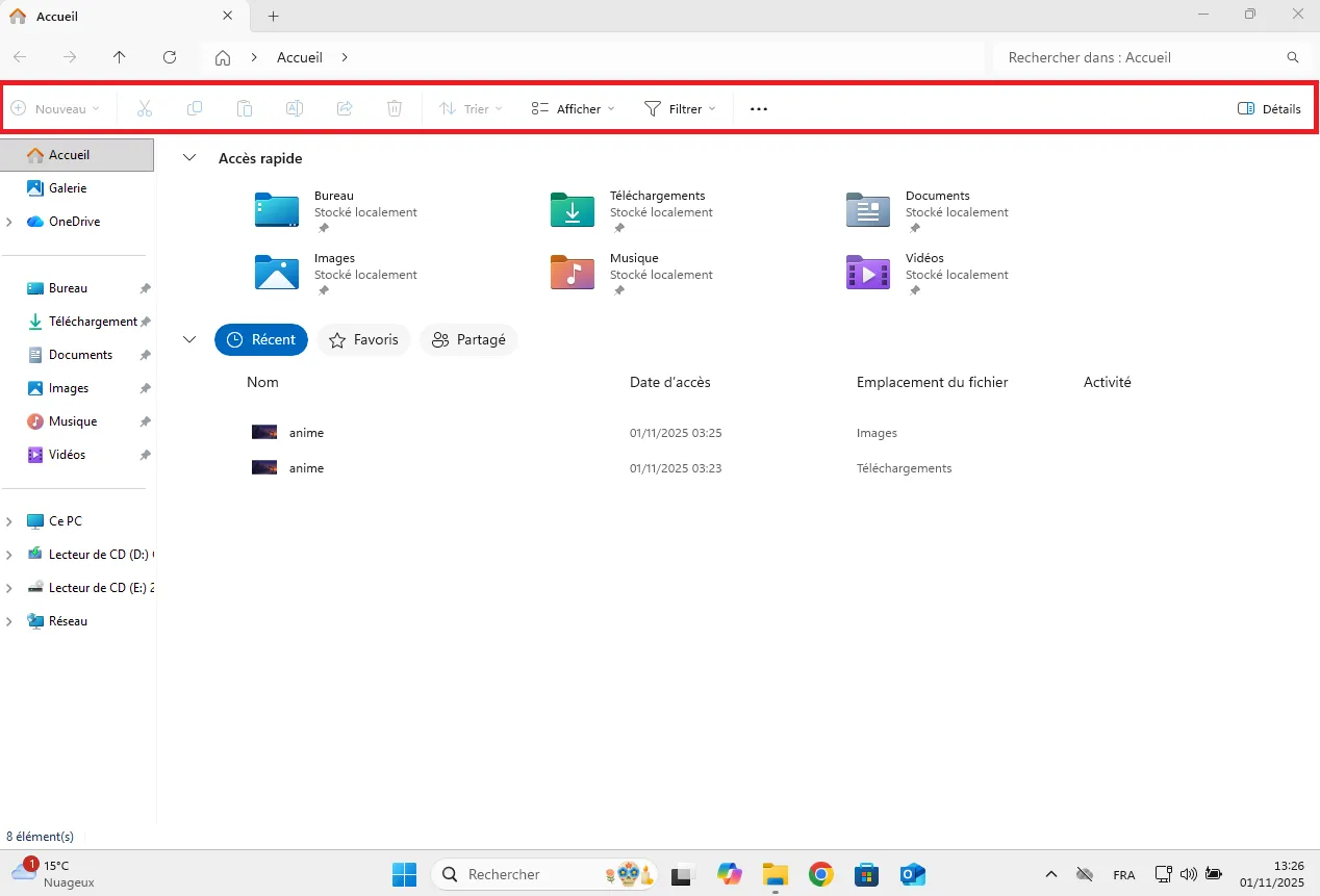 Le ruban supérieur de l'explorateur de fichiers Windows