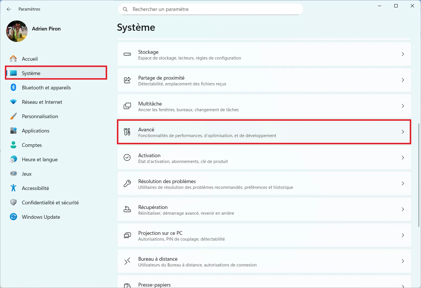 Menu Système des paramètres Windows 11 avec la section Avancé mise en évidence