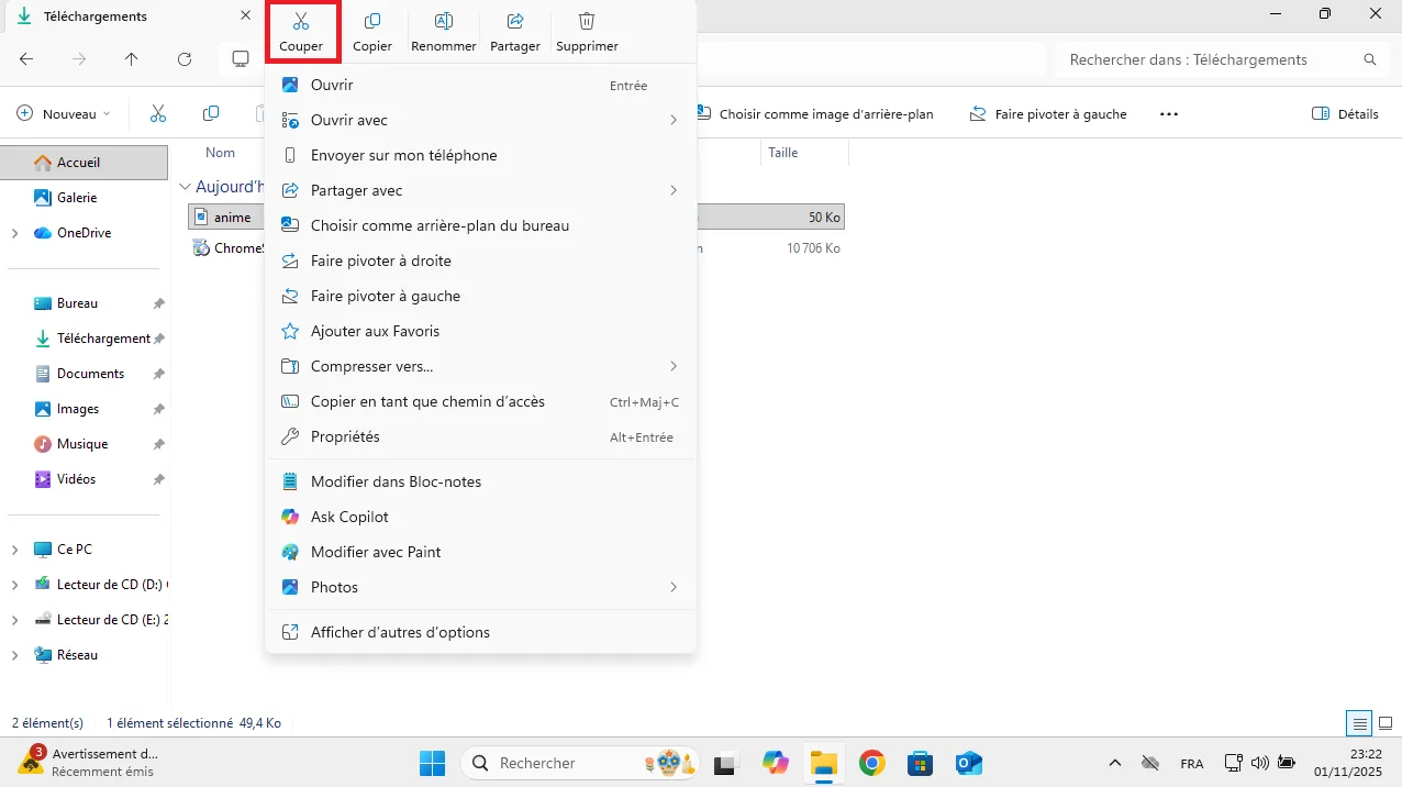 Couper un document ou un dossier sur Windows