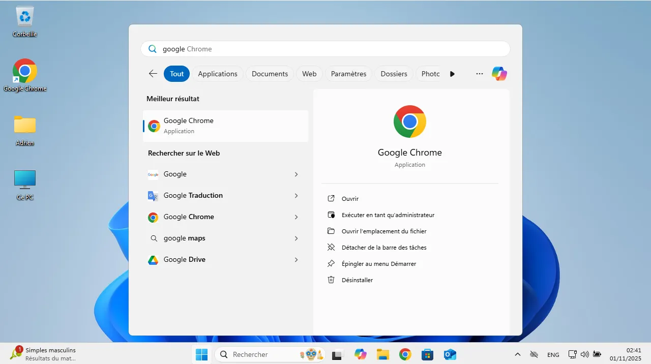 rechercher depuis le menu démarrer Windows