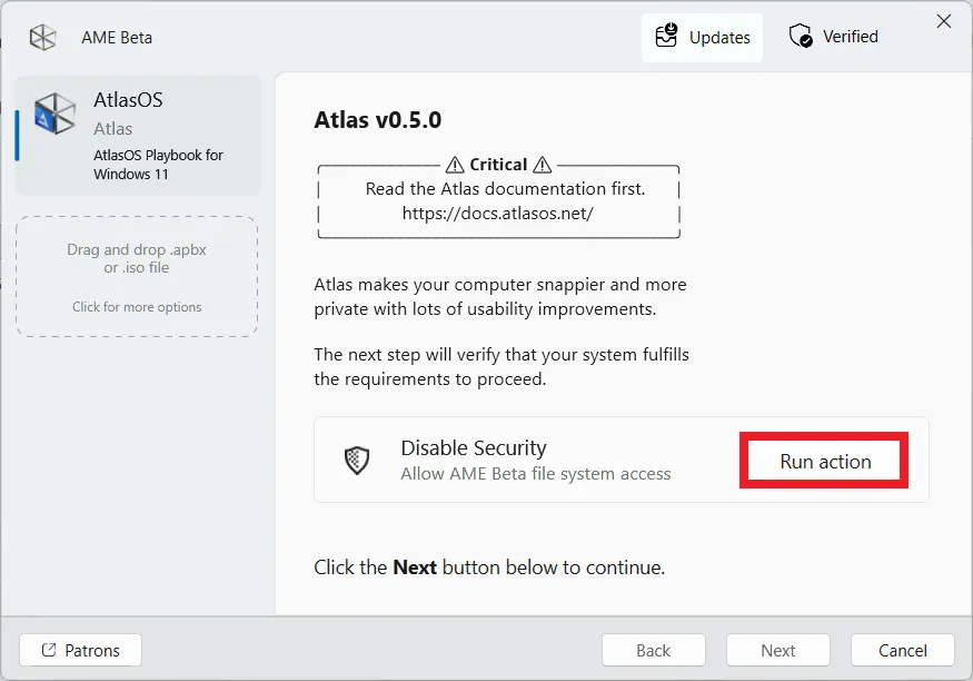 Autorisation de sécurité requise pour appliquer AtlasOS