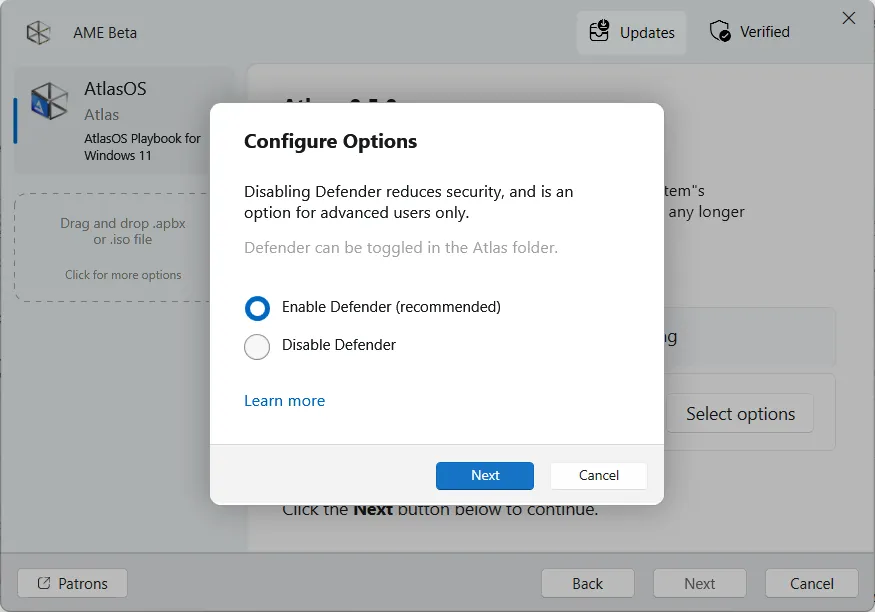 Choix entre activer ou désactiver Windows Defender