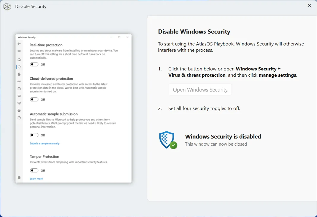 Désactivation temporaire de Windows Security pour AtlasOS