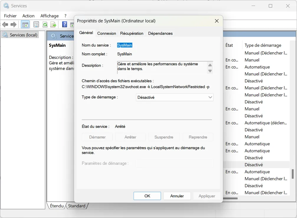 D&eacute;sactiver SysMain si vous avec un disque SSD