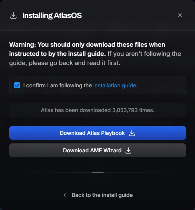 Page officielle AtlasOS pour télécharger le playbook et AME Wizard