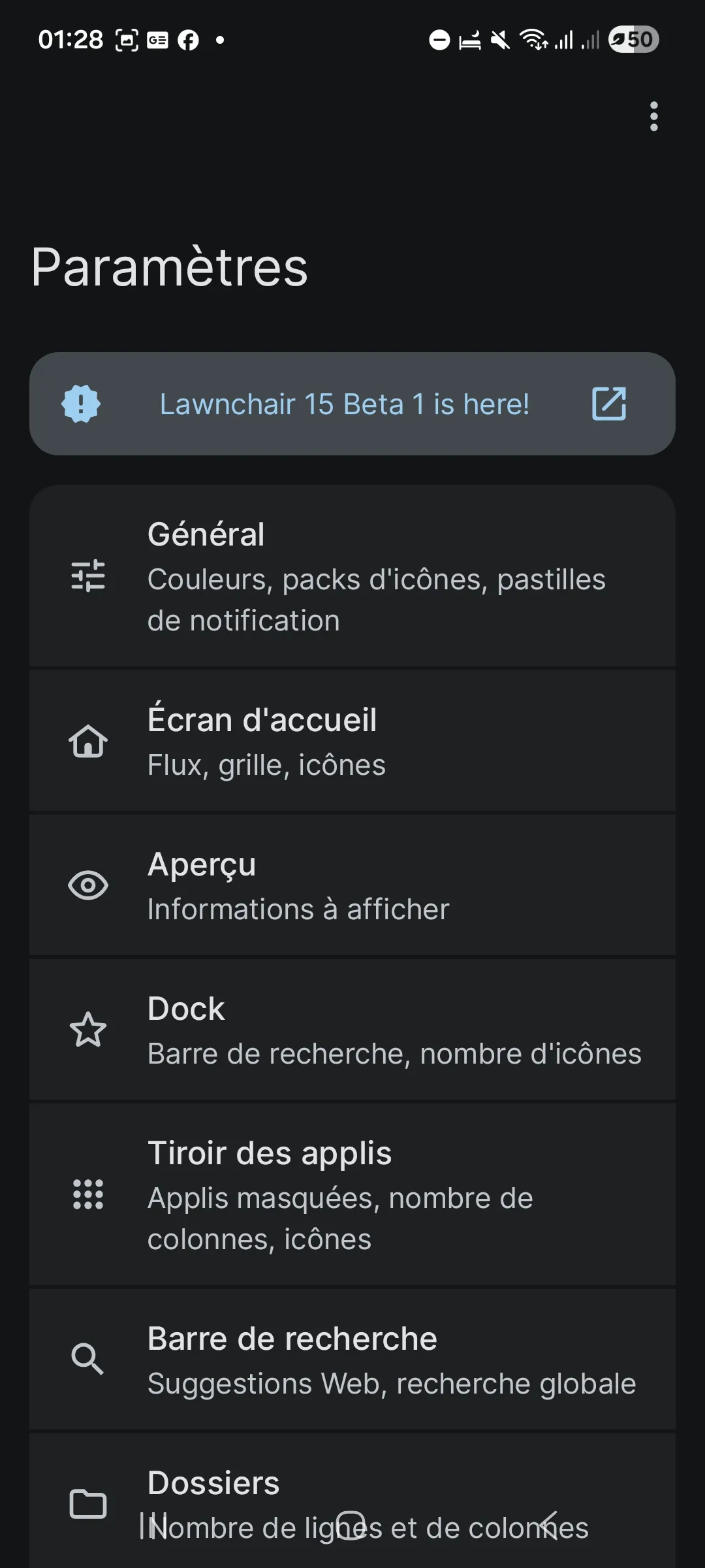 Paramètres de personnalisation de Lawnchair