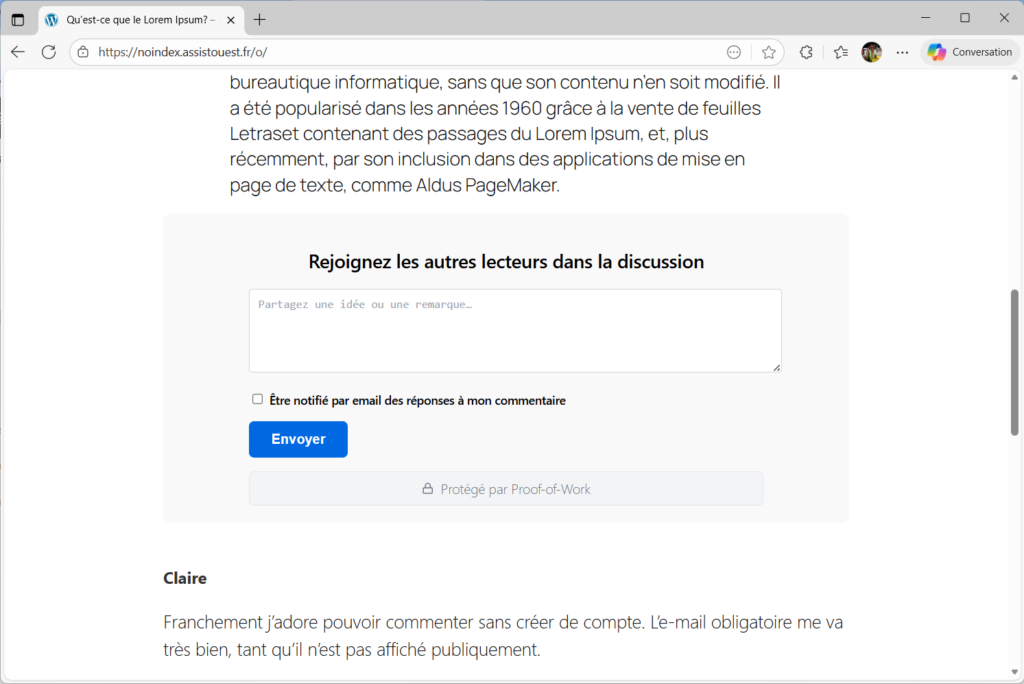 un formulaire de commentaire sécurisé sans compte WordPress