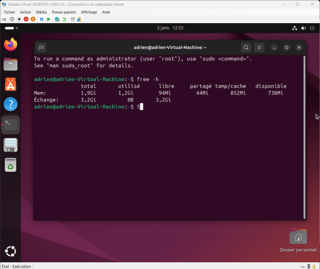 vérifier la quantité de RAM disponible que Linux utilise